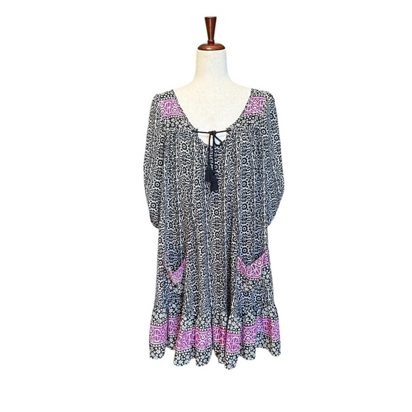 Free People Penny Lane Black Combo Chiffon Tunic Dress SZ M #1611 - Picture 5 of 10